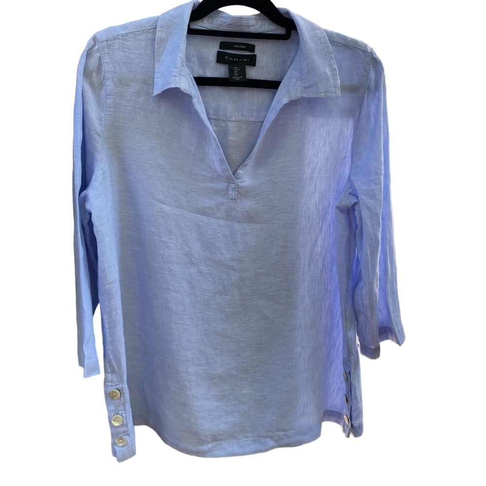 Tahari Blue 100% Linen V-neck Top Shell Button Detail 3/4 Sleeves EUC Size L